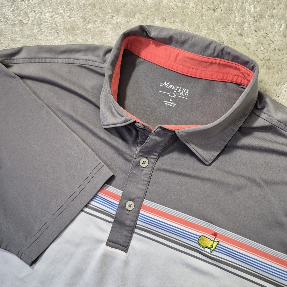 Masters Tech Polo Shirt Mens Large White Stripe Performance Golf Embroidered USA